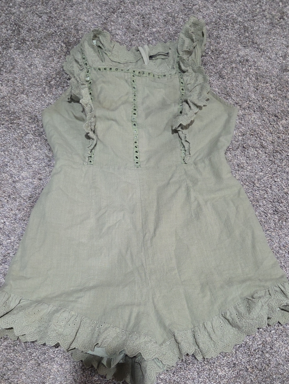 Simplee Olive Green Eyelet Romper / Playsuit with Scalloped Trim